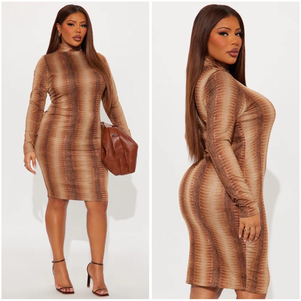Fashion Nova Tan Long Sleeve Dress
